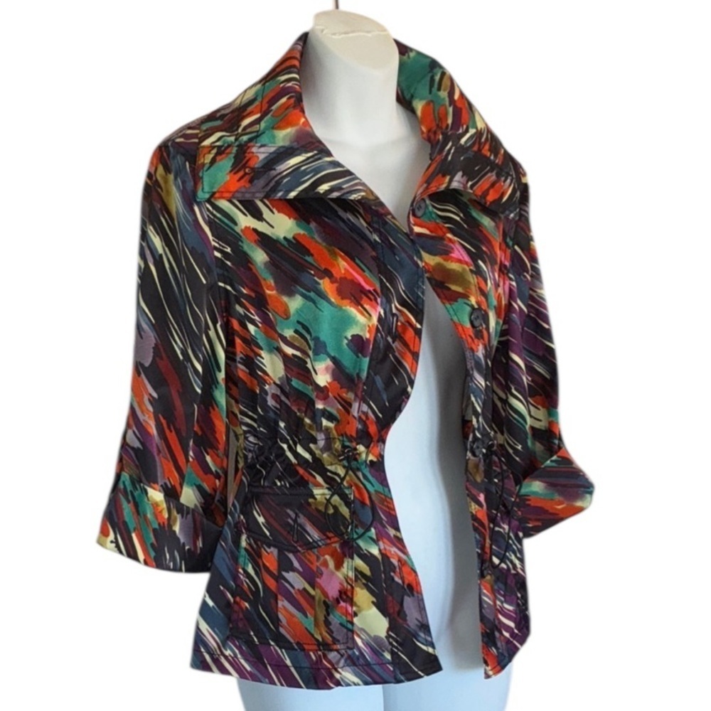 Women's jacket, Colorful Abstract, drawstring waist & trench coat styling. S
